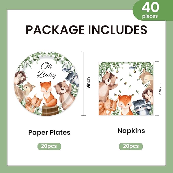 40Pcs Woodland Baby Shower Plates and Napkins Party Supplies, 9 Inch Nature Sage Paper Plates and Napkins Disposable Tableware Set for Boys Girls Safari Jungle Animal Party Decorations