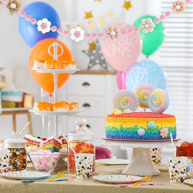 Whaline Groovy Retro Flower Felt Banner 3D Flower Pom Pom Balls Banner Boho Daisy Garland Pre-Assembled Spring Floral Bunting Garland for Party Supplies Home Hanging Decoration