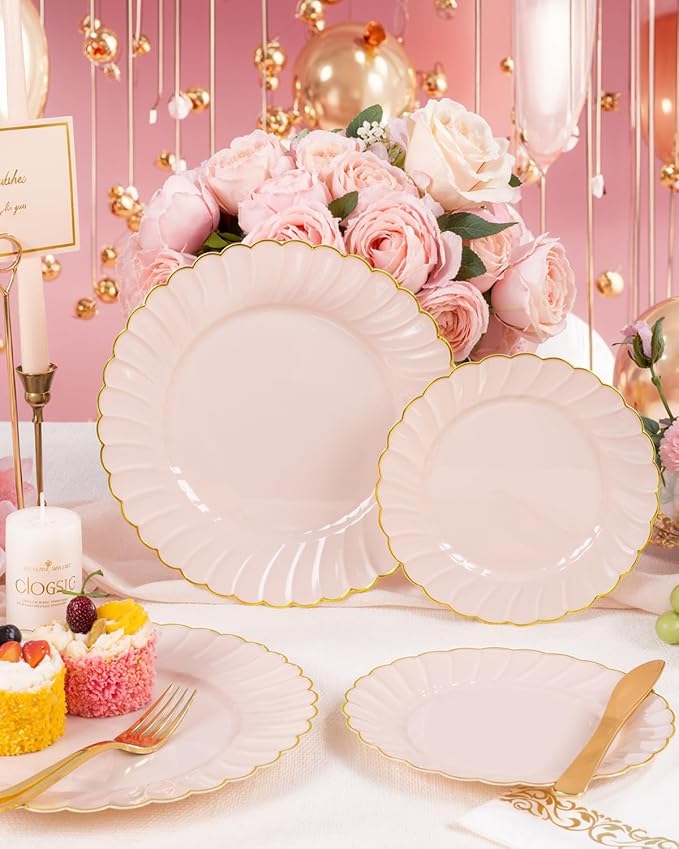 YOUBET 175PCS Pink Scalloped Plastic Plates - Gold Disposable Dinnerware Set Include 50 Plates, 75 Gold Silverware, 25 Cups, 25 Napkins for Party & Wedding & Baby Shower Easter Mothers Day