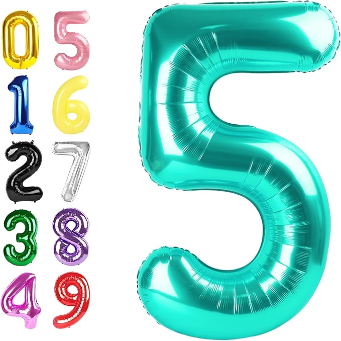 Numbers 5 Balloon 40 Inch, 5Year Anniversary Decorations, Blue-Green Numbers Balloon for 5, 15, 25, 50 Birthday Party Decoration, Anniversary, Wedding, Single Supplies