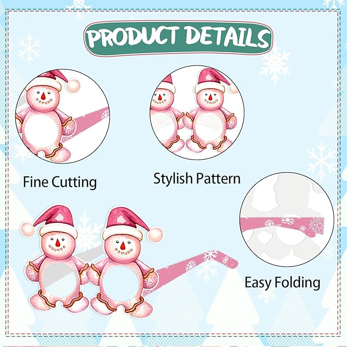 12PCS Christmas Glasses, Pink Christmas Party Paper Glasses Photo Booth Props Holiday Eyeglasses Frames for Xmas Party Supplies Decorations