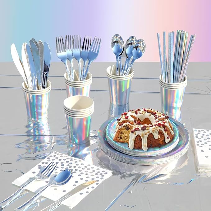 201-piece disposable party tableware set with paper plates, cups, napkins, straws, tablecloths, plastic knives, forks and spoons for a variety of party occasions for up to 25 people (Silver Rainbow)