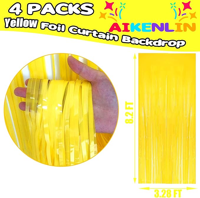 4 Pack 3.2Ft x 8.2Ft Yellow Foil Fringe Curtain Backdrop, Metallic Tinsel Foil Fringe Streamers Curtains Background for Photo Booth, Birthday, Wedding, Disco, Bachelorette, Christmas Party Decoration
