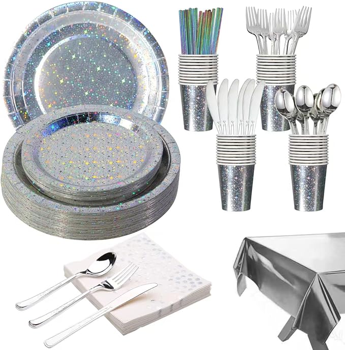 201-piece disposable party tableware set with paper plates, cups, napkins, straws, tablecloths, plastic knives, forks and spoons for a variety of party occasions for up to 25 people (Silver Star)