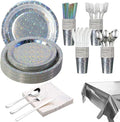 201-piece disposable party tableware set with paper plates, cups, napkins, straws, tablecloths, plastic knives, forks and spoons for a variety of party occasions for up to 25 people (Silver Star)