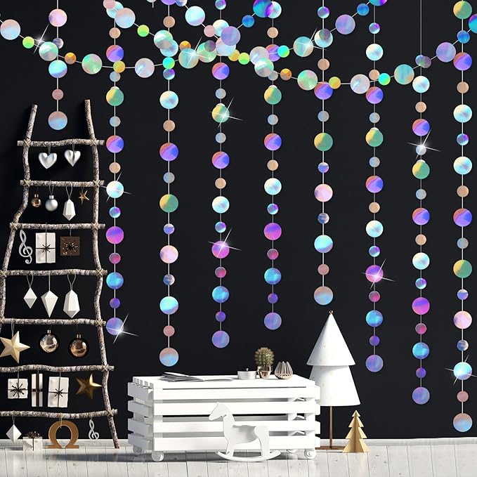 Outus 5 Pieces Laser Silver Round Dots Garland Easter Graduation Party Hanging Decor Each Length 13.1ft Glitter Paper Dot Streamers for Birthday Wedding Classroom