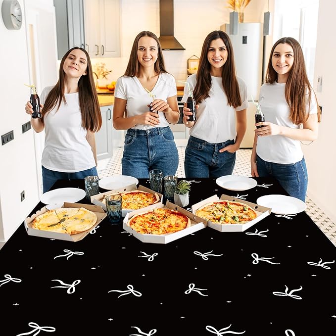4Pcs Black Bow Birthday Party Decoration Girl Tablecloth Plastic Black White Bow Table Cloth Waterproof Rectangle Tablecover for Women Baby Shower Bachelorette Engagement Supplies 108x54in