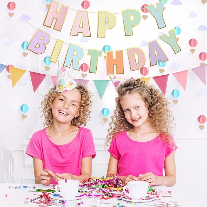 Pre-Strung Happy Birthday Banner and Decorations - Girls Toddler Birthday Decorations - 3D Garland with Pennant Banner Flags Pastel