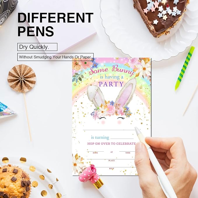 Soiceu Colorful Rainbow Bunny Birthday Party Invitations with Envelopes Set of 20 Floral Some Bunny Girl Birthday Party Invites