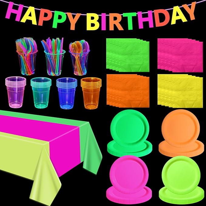 Glow in the Dark Party Supplies, Including Colorful Plates Napkins Tablecloth Happy Birthday Banner with UV Black Light Reactive and Dinnerware for Neon Themed Birthday Party, Serves 20