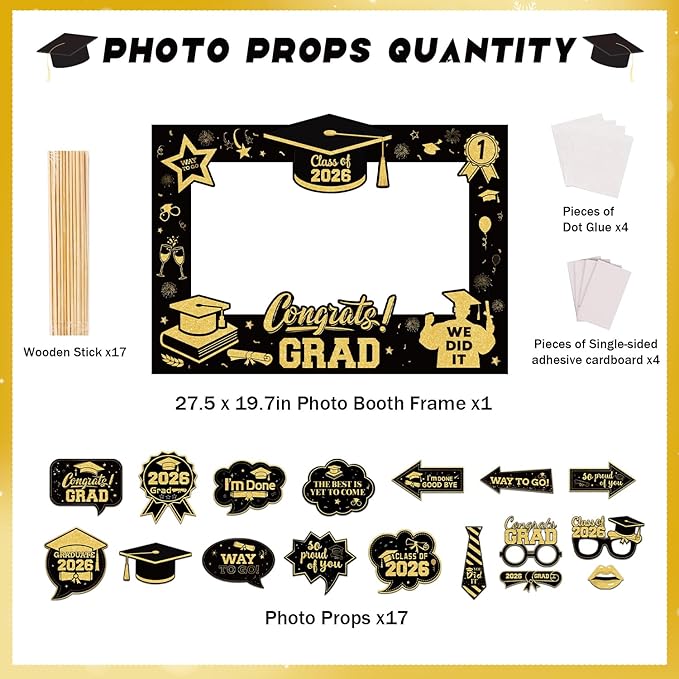 Black and Gold Graduation Decorations 2026 18Pcs, Graduation Photo Props Set with 27x19 Inch Photo Booth Frame and 17 Handheld Signs for Graduation Party Supplies Class of 2026