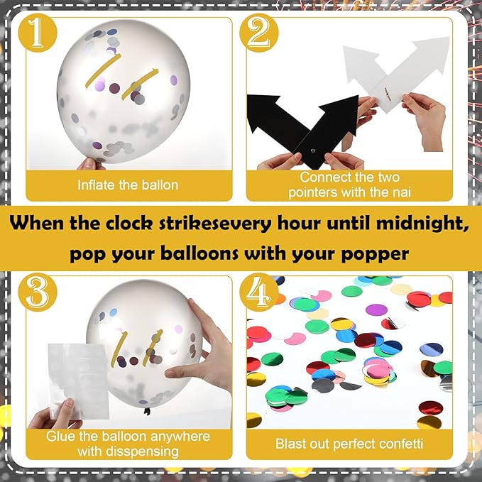 14 Pcs New Year Eve Party Decor Kit Wall Clock Countdown Balloons Set with Confetti Inside, Countdown Celebration Picture Ready Wall for Year End Decor Celebration (Black Sliver Gold)