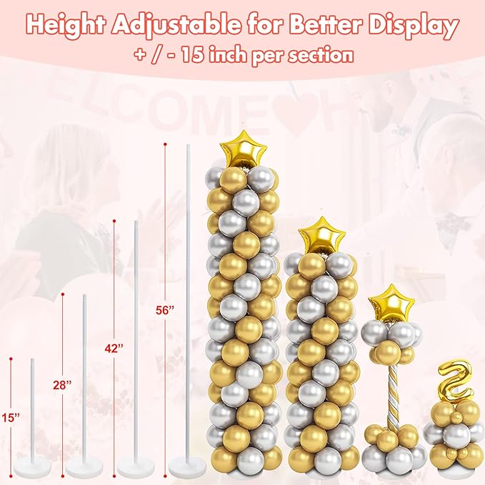 Balloon Column Stand Kit Set of 2, 56 Inch Height Adjustable Splicing Metal Balloon Stand Tower Pillar with Base,Reusable Balloon Arch Stand Holder Kits for Floor,Birthday,Wedding,Party Decoration