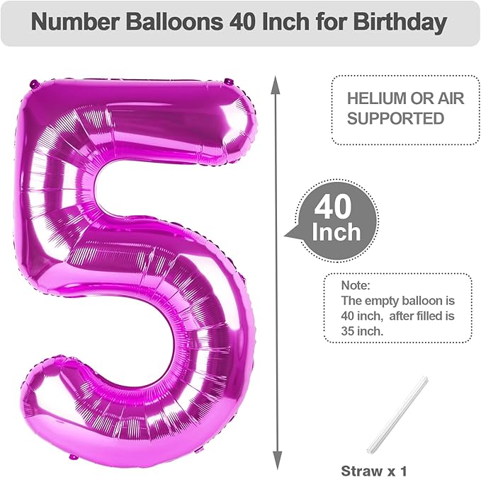 Balloons Number 5 40 Inch, 5 Birthday Balloon for Boys And Girls, Rose Purple Numbers Balloon for 5, 15, 25, 50 Birthday Party Decoration, Anniversary, Wedding, Single Supplies