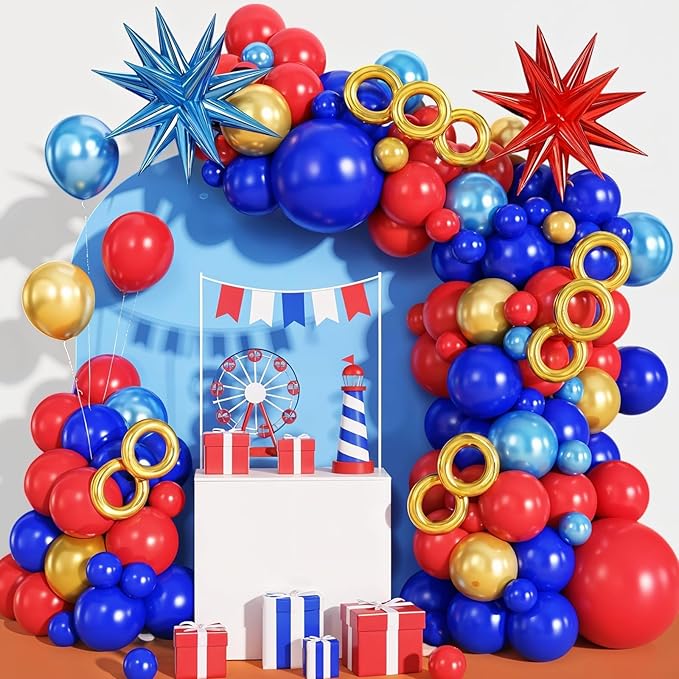 Red Blue Gold Balloons Arch Kit,Royal Blue Red Balloon Garland Kit with Star Balloon Foil Balloons for Boys Girls Birthday Party Decorations