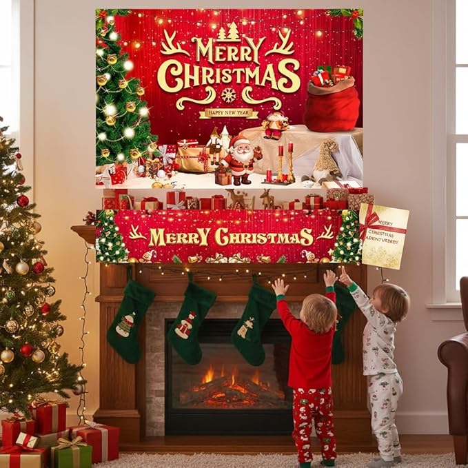 Large Christmas Party Banner and Backdrop for Indoor & Outdoor, Yard Garden Halloween Decorations & Party Supplies (Red)