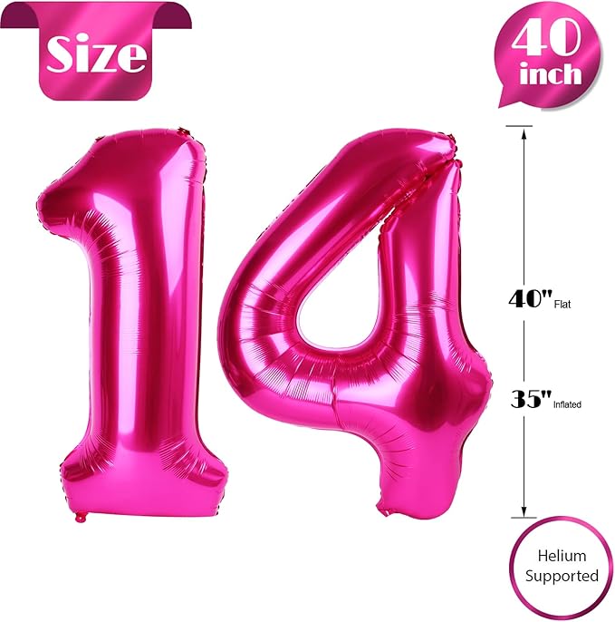 Hot Pink Number 14 Balloons 40 inch, 14 Number Balloons, 14th Birthday Decorations for Girls 14 Year Old Hot Pink Party Supplies