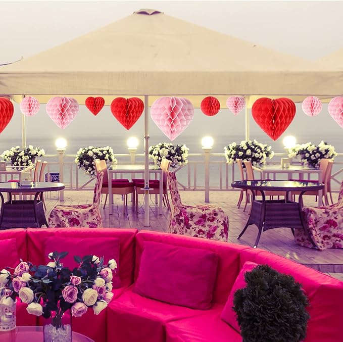 16 Pieces Valentine‘s Day Heart & Ball Tissue Paper Honeycomb Ball Love Decoration Pom Poms Pink Red Paper Heart Valentines Honeycomb for Valentine‘s Day Wedding Party Decors