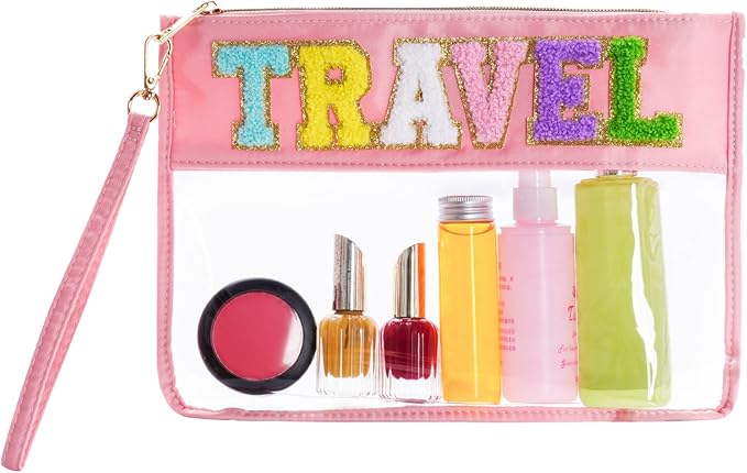 Chenille Letter Bag, Multi-purpose Nylon Clear Makeup Cosmetic Bags Flat Pouches with Zipper for Travel, Gym, Beach (Pink-Travel)