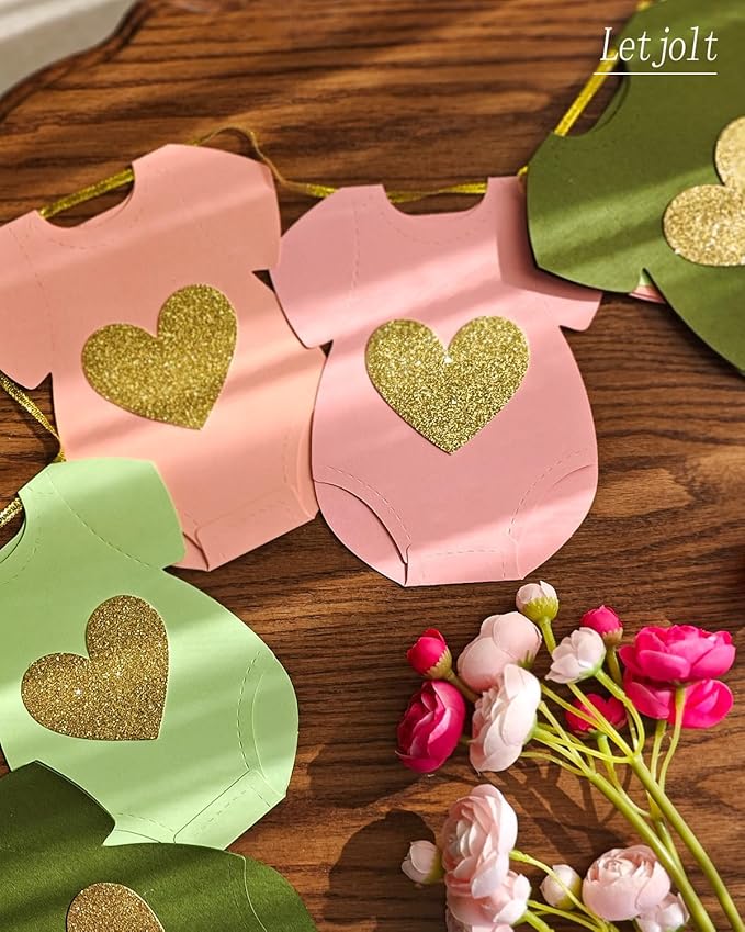 Green Pink Baby Shower Paper Garland Short-Sleeve Bodysuits Clothesline Garland Gender Reveal Birthday Banner Baby Outfit Pre - Strung Paper Decorations 9 pcs