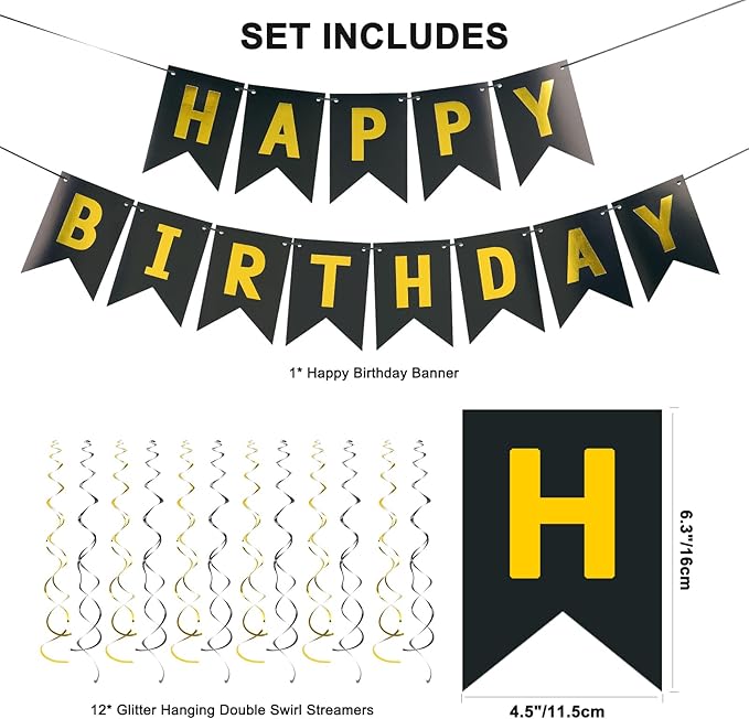 Black Happy Birthday Banner, Birth Decorations with Metallic Hanging Swirl, Sign for Backdrop Party Decor, Bunting Banner for Men Women, Supplies for Boys Girls