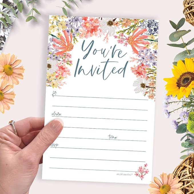 m&h invites Wildflower Invitations With Envelopes (20 Count) - Floral Boho Garden Theme For Bridal Shower, 1st Birthday, Adult Birthday, Brunch or Baby Shower