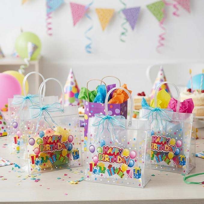 Henoyso 24 Pcs Clear Happy Birthday Gift Bags Plastic Goodie Candy Treat Bags PVC Party Favor Totes with Handles 7.8 x 7.8 x 3.1 Gift Wrap Totes
