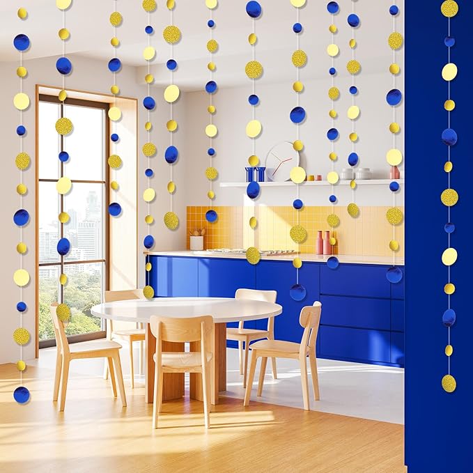 Outus 10 Pieces Blue,Gold Round Dots Garland Easter Graduation Party Hanging Decor Each Length 13.1ft Glitter Paper Dot Streamers for Birthday Wedding Classroom