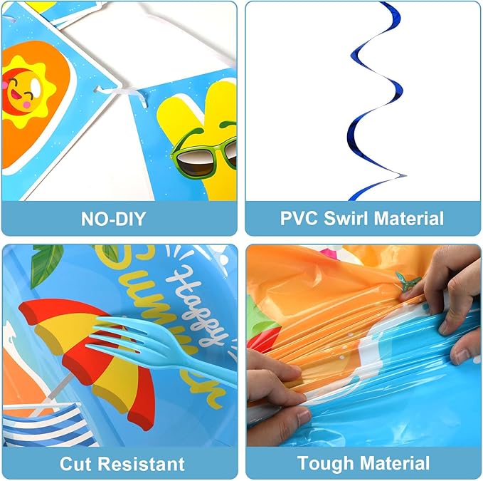 Qyeahkj 184 Pcs Beach Party Supplies Plates Napkins Set Includes Summer Plates Napkins Cups Tablecloth Swirls Banner Tableware Kit Beach Hawaiian Pool Birthday Decorations Favors for Kids, Serve 25
