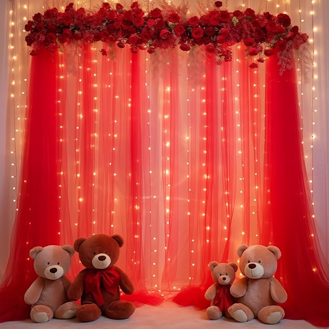 30x10ft Red Tulle Backdrop Curtain with Lights String for Parites, Sheer Backdrop Curtains for Wedding Baby Shower Birthday Party Photo Shoot Decorations