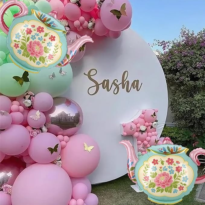 102 Pcs Tea Party Balloons, 35" Huge Teapot Aluminum Foil Balloons Pink Green Gold Confetti Latex Balloon for Girls Birthday Let's Par Tea Baby Shower Bridal Shower Garden Party Decorations Supplies