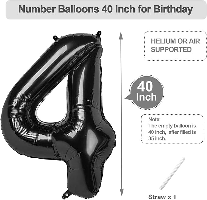 Balloon Numbers 40 Inch Foil 4 Balloons for Birthday Party Decoration, Black Number 4 Ballon for 4, 14, 24, 40 Celebration, Birthday, Christmas, Anniversary Decor