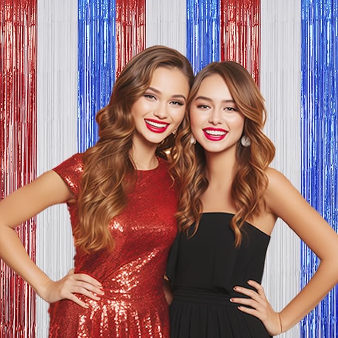 2 Pack Foil Fringe Backdrop - Red&White&Blue Shiny Tinsel Curtains for Party Decoration/Photo Booth Props - 3.3x6.6 FT Metallic Foil Backdrop for Birthday, Wedding, Graduation, Christmas.