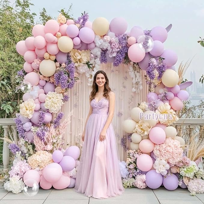 Pastel Pink Purple Balloon Arch Double Stuffed, Light Pink Lavender Lilac Ivory Balloon Garland Kit with Bobo Latex for Baby Shower Bridal Wedding Princess Birthday Valentines Party Decoration