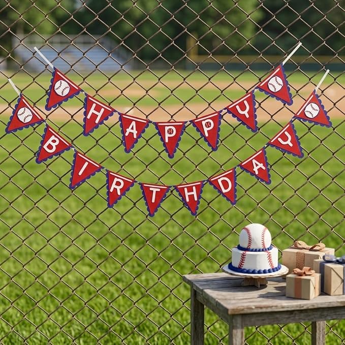 OZCZKZZ Happy Birthday Banner Baseball,Red,Navy Blue,Baseball Birthday Party Decorations