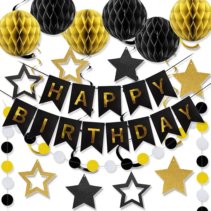Birthday Decoration with Black&Gold Honeycomb Balls, Stars Hanging Swirl Streamers, Circle Dots Garland, Birthda y Party Decorations for for Birthday Party Decorations
