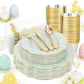 NOCCUR 175PCS Sage Green Plastic Plates with Gold Disposable Silverware - Include 50 Green and Gold Plastic Plates,25 Knives,25 Forks,25 Spoons,25 Cups and 25 Napkins - Easter Day/Spring Party