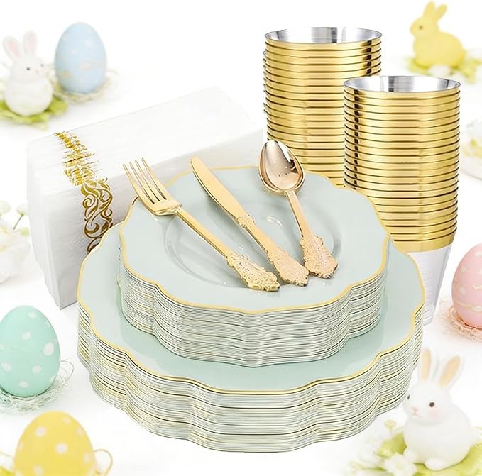NOCCUR 175PCS Sage Green Plastic Plates with Gold Disposable Silverware - Include 50 Green and Gold Plastic Plates,25 Knives,25 Forks,25 Spoons,25 Cups and 25 Napkins - Easter Day/Spring Party