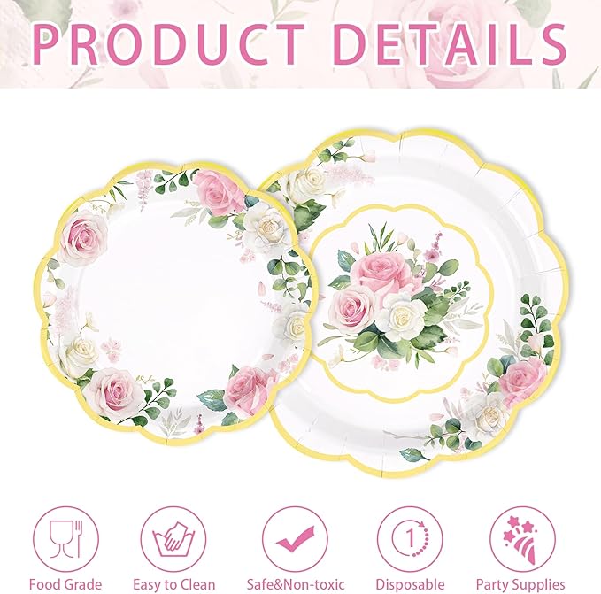 250Pcs Floral Tea Party Supplies Pink Floral Scalloped Plates Napkins Cups Pink Flower Garden Tableware Set for Spring Wedding Bridal Shower Baby Shower Garden Tea Party Decorations Serves 50