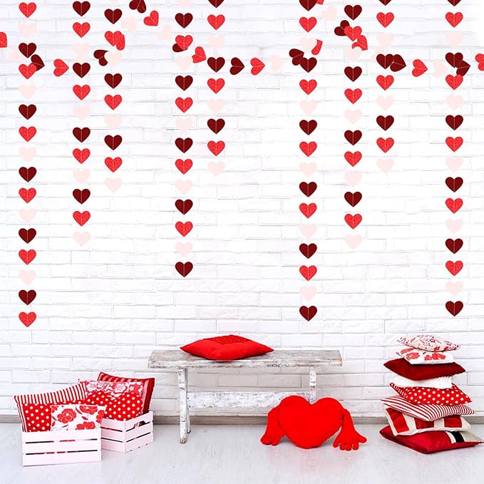 Valentines Day Party Decorations Pink-Red Heart-Garland - 52ft Burgundy Proposal Special Night Galentines Hanging Streamers Banner,Girl Romantic Wedding Anniversary Baby Bridal Shower Engagement Decor