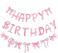 Pre-Strung Pink Bow Birthday Decorations, Pink Coquette Party Decorations, Bow Party Supplies Include Happy Birthday Banner, Bow Garland Banner for Girls