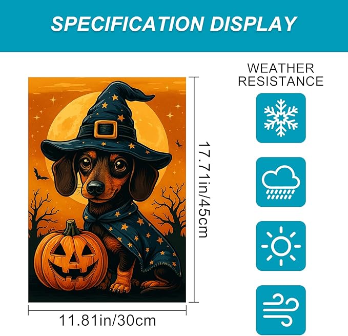 Halloween Garden Flag Dachshund Dog Pumpkin Witch Hat Double Sided 12x18 Inch Cute Fall Garden Flag Outdoor Yard Lawn Decor Trick Or Treat Banner Autumn Porch Decoration Spooky Holiday Sign