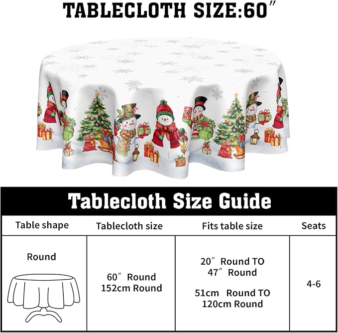 Winter Snowman Round Tablecloth White Tablecloth 60 Inch Christmas Snowflake Pattern Circle Table Cloth Xmas Holiday Table Cover Indoor Decor for Home Kitchen Dinning Party