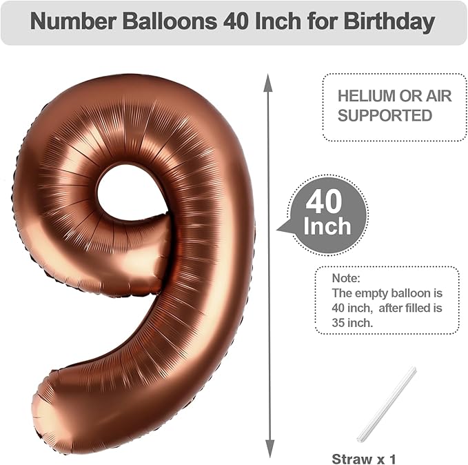 Coffee Brown Balloon Numbers 9, Large 40 Inch Happy 9 19 29 90 Birthday for Men And Women, Foil Balloons Decoratins for Wedding Anniversary, Single, New Year, Halloween Party Syupplies