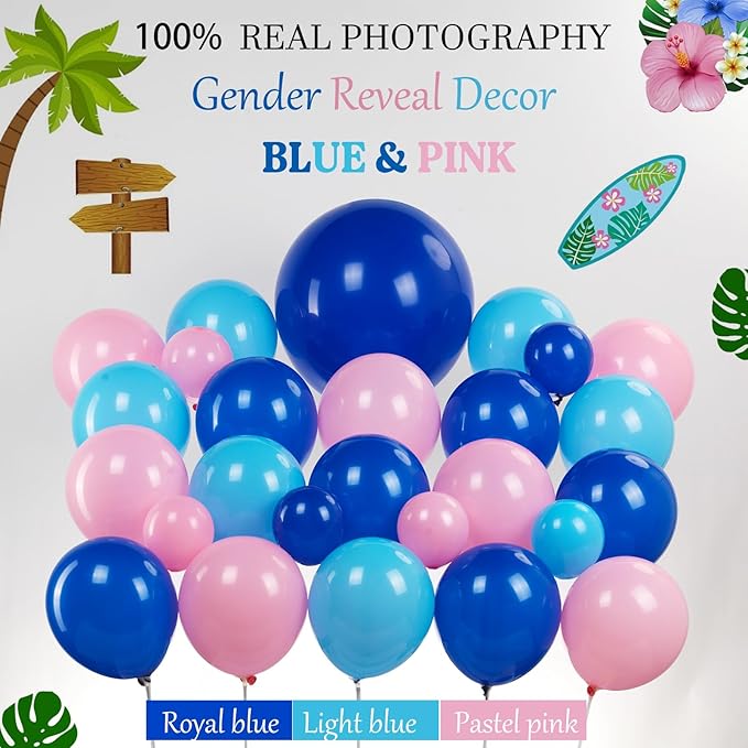 Pastel Pink and Blue Balloon Garland Arch with paper cards banner backdrop Artificial Palm Leaves for kids cartoon Hawaii gender reveal Baby shower birthday halloween trunk or treat party decorations