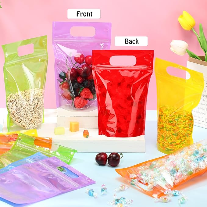 Sinload 60 Pcs Plastic Gift Bag Bulk 5.5 x 8.7 Inch Resealable Party Goodie Bag with Clear Window Color Favor Pouch with Handle for Home Birthday Wedding Party Candy Gift Wrap Supply(Clear)
