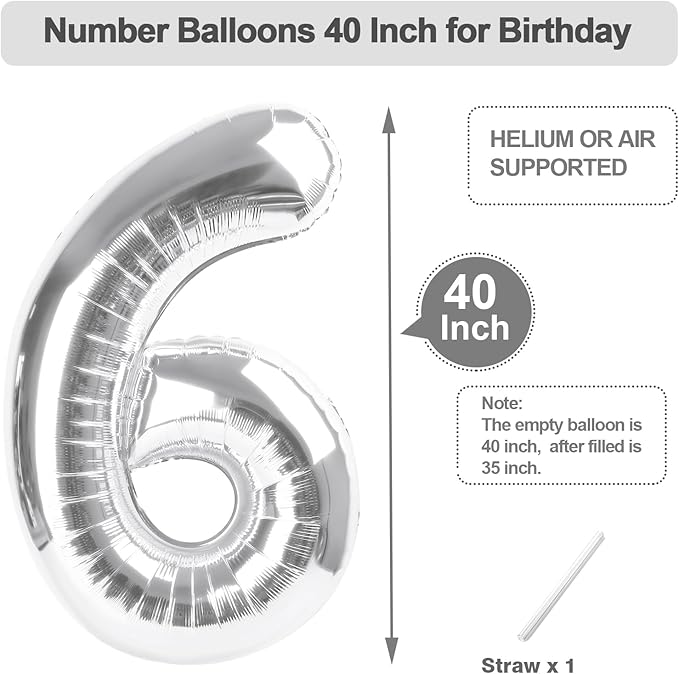 Numbers Balloon 6, 40 Inch Foil Big Balloon for Men And Women, Silver Balloons for 6, 16, 26, 60, 2026 Graduation, Birthday, Wedding Anniversary, Xmas, Party Supplies