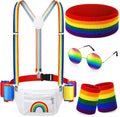 Sweetude Pride Accessories Gay Rainbow Fanny Pack White Outfit Beverage Beer Belt Costume Set with Drink Holder Sunglasses Striped Sweatband Women Men