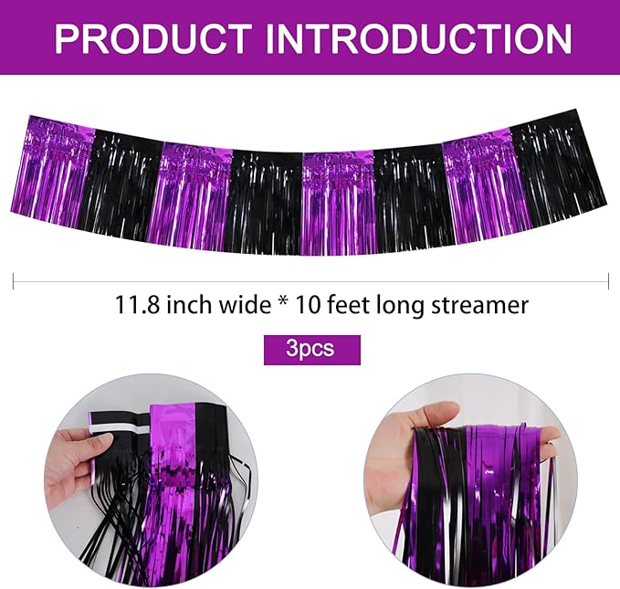 BEISHIDA 3 Packs Metallic Foil Fringe Garland Black Purple Wall Hanging Tinsel Fringe Banners for Halloween Car Floats Bridal Shower Wedding Birthday Easter Graduation Holiday Party Decoration (30 Ft)