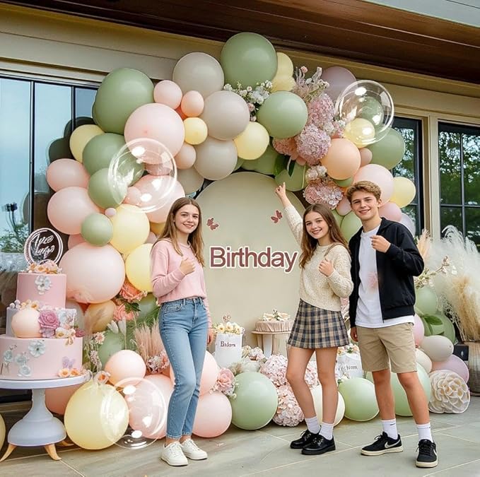 Pink Green Yellow Balloon Arch Kit, Double Stuffed Sage Green Pastel Pink Yellow White Sand Balloon Garland Beige Cream Balloons for Baby Shower Birthday Wedding Easter Fairy Flower Tea Party Decor